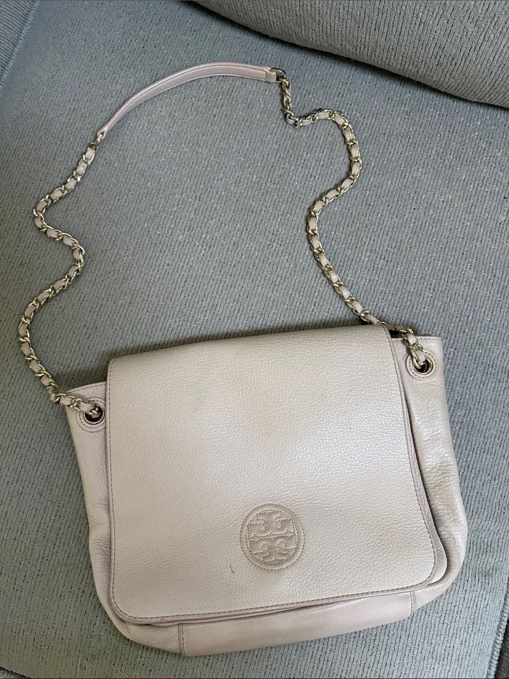 Tory Burch Blush Pebbled Leather Shoulder Bag with Chain Strap
